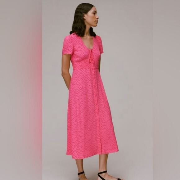 NWOT Whistles Pink Heidi Spot Print Midi Dress Short Sleeve Button Front 12 - Picture 1 of 8